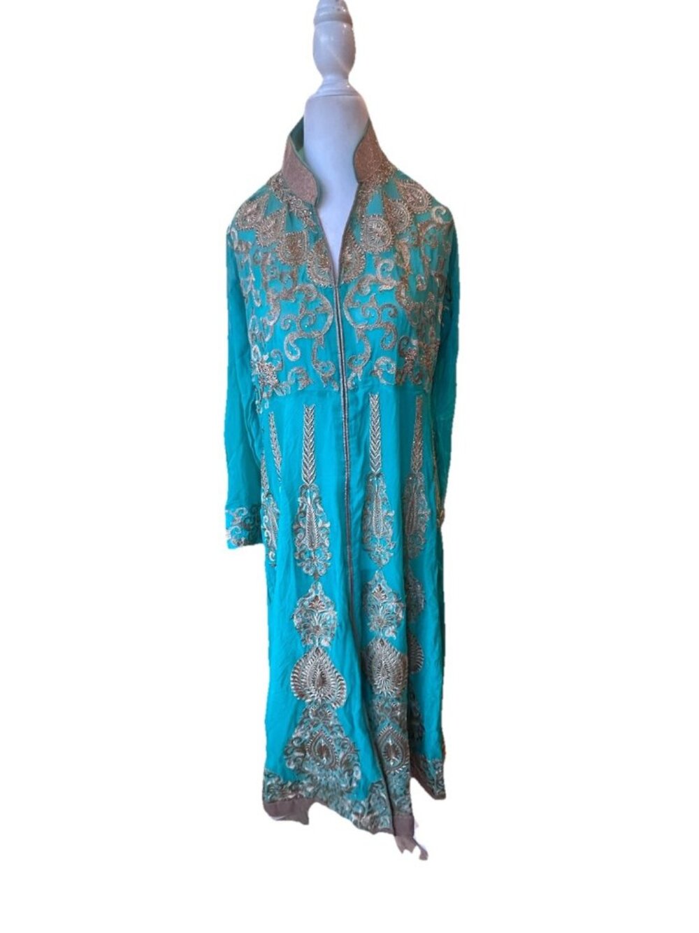 Anarkali Kurta Embroidered Indian Ethnic Turquoise Gold Dress Full Skirt M/L